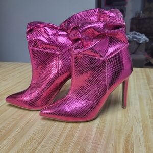Metallic Hot Pink Snakeprint Pointed-Toe Stiletto Ankle Boots